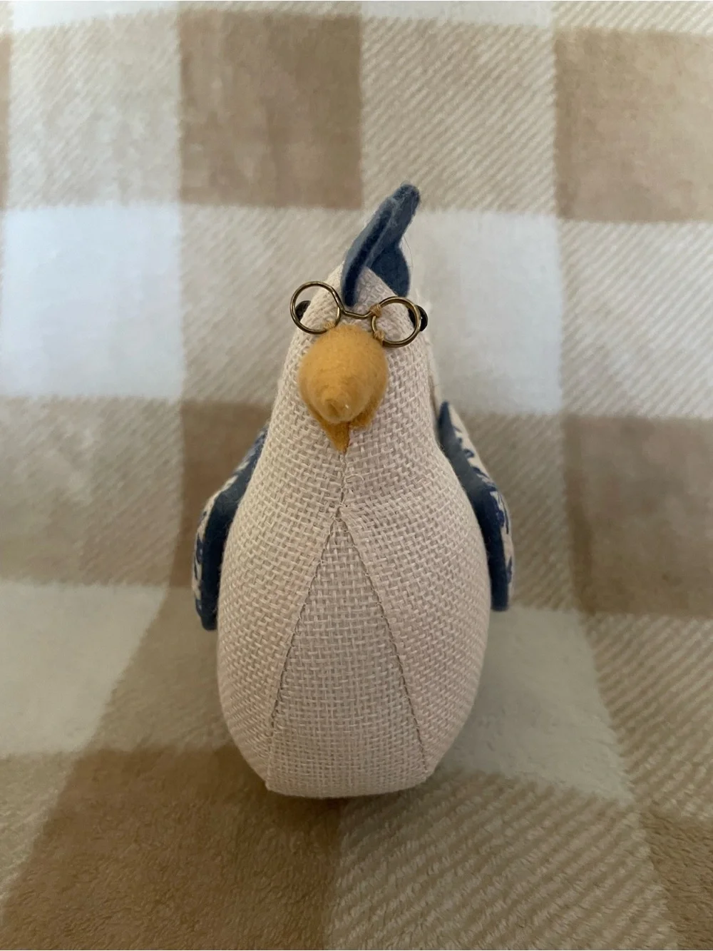 Blue & Cream Decorative Fabric Hen with glasses - Home Decor Accent